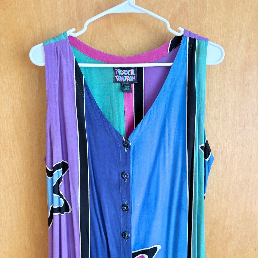 Tropical Tantrum‎ Rayon Maxi Dress OS Colorblock Star Print Handkerchief Hem - Picture 5 of 8